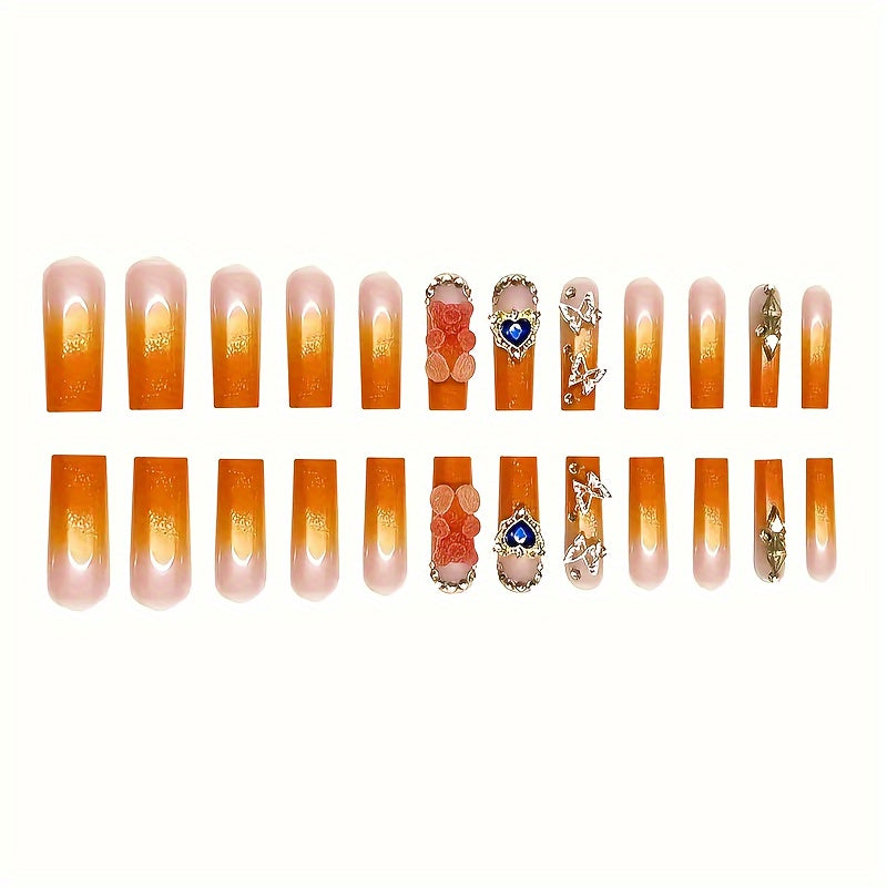 2 boxes of 48pcs European and American press-on nails, orange 3D bear heart butterfly flower glitter rhinestone high-end design water pipe style long false nails suitable for s and women daily wear, includes 2 jelly glue and